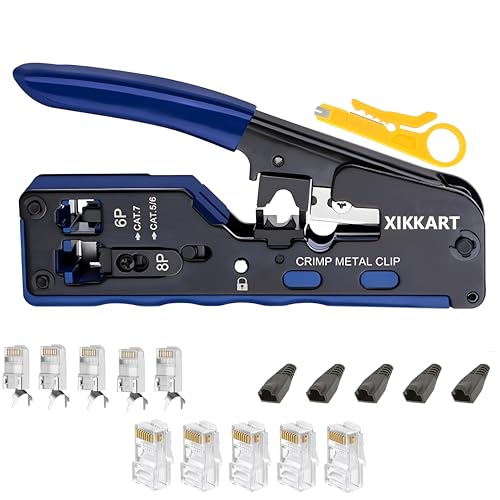Image of XIKKART RJ45 Crimping Tool Kit | Pass Through Ethernet Crimper for Cat7, Cat6, Cat5 | Network Cable Crimping Tool with 5 Cat7 & 5 Cat6 Connectors + 5 Boots | RJ45 RJ11 RJ12 Tool (Multicolor) (5 in 1)