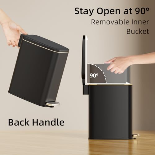 Image of KSSKSS Small Bathroom Trash Can with Lid Soft Close, Step Pedal, 6L / 1.6 Gal Stainless Steel Garbage Bin with Removable Inner Bucket, Slim Wastebasket for Narrow Spaces (Black) (Black-P)