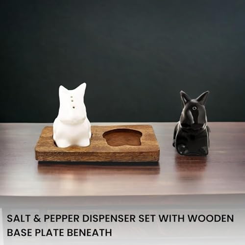 Image of KITTENS 'Hopper Duo' Handpainted Rabbit Shaped Ceramic Salt & Pepper Shaker Set - Black & White - Set of 2 - Food Grade Decorative Tableware for Dining, Kitchen & Gifting