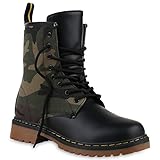  Derbe Damen Stiefeletten Worker Boots Profilsohle Camouflage Stiefel Schnür Animal Print Schuhe 128622 Camouflage Grün 36 Flandell