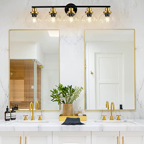 Pasearo Bathroom Light Fixtures, 5-Light Bathroom Vanity Light With Clear Globe Glass Shade, Black Gold Modern Wall Sconces Lighting Over Mirror,36 Inch Vintage Light Exclude Bulb For Bedroom Hallway #TOP2