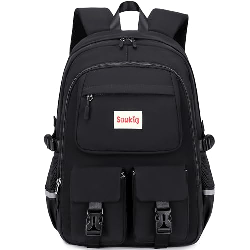 Sawkig Girls Backpack for School Kids Multiple Pockets Bookbag Cute 17 inch School Backpack for Girls Elementary Junior High Book Bags (Black)