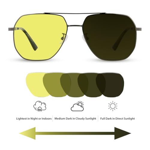 Image of Night Driving Glasses for Men | Anti Reflective Glasses for Night Driving | Photochromic Sunglasses Auto-Darkening with Yellow Polarized, UV & Dust Shield | Large Size Square | Day & Night