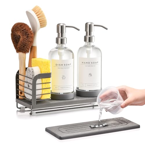 Kitchen Soap Dispenser Set with Drying Tray 16oz Glass Bottles with Stainless Steel Pumps Sink Organizer Caddy with Brush Holder & Non-Slip Feet All-in-One Dish & Hand Soap Station