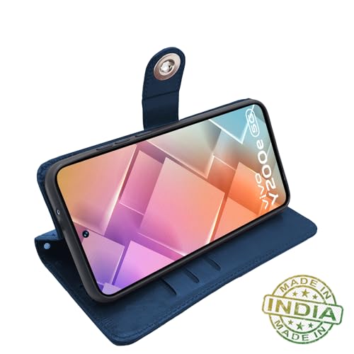Image of Pikkme Vivo T3 5G / Vivo Y200e 5G Flip Cover Leather Finish | Inside TPU with Card Pockets | Wallet Stand and Shock Proof | Complete Protection Button Flip Case (Blue)