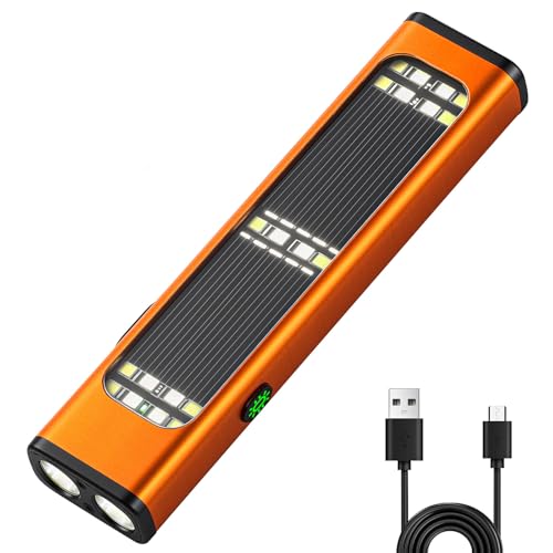 Ciwuzxs Solar/Rechargeable Flat Flashlights, 900 Lumens EDC Tactical Flashlight, Multi Function LED Small Flashlight, 7 Modes IP65 Waterproof for Home, Camping,and Emergency Use (Orange)