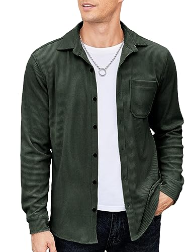 Image of COOFANDY Men's Army Green Corduroy Long Sleeve Casual Shirt with Chest Pocket, Regular Fit, L