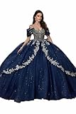 Off Shoulder Quinceanera Dress, Long Prom Dress, 3D Lace, Beaded, Puffy Ball (US, Numeric, 6, Regular, Regular, Style1-Navy Blue Sleeveless)