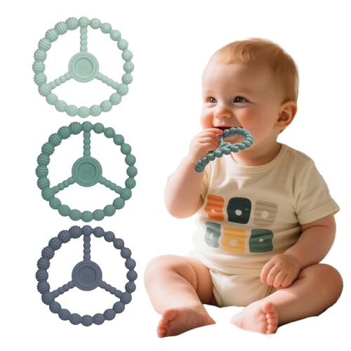 Image of Baby Teething Rings 3 Pack, Silicone Teether Toys for Babies 0-6 & 6-12 Months, Freezable Ring Teethers Toddler Chew Relief Essentials, Infant Boys & Girls Stocking Stuffers (Mint Green Blue)