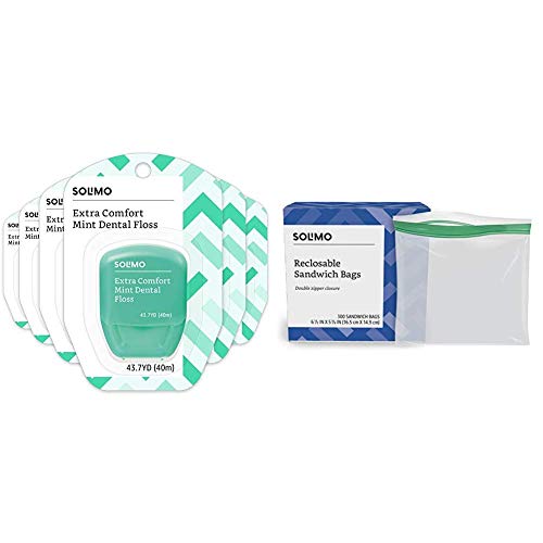 Amazon Brand - Solimo Extra Comfort Mint Dental Floss, 40 M (Pack of 6) & Solimo Sandwich Storage Bags, 300 Count