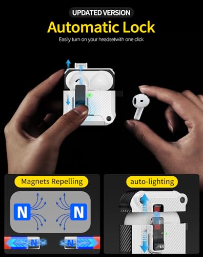Image of Pohgelan for AirPods 4 Case with Safety Lock-White | Carbon Fiber Texture Cover,Magnetic Automatic Lock with Cleaning Kit&Keychain,Compatible with Magsafe