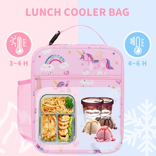 Clastyle Unicorn Insulated Lunch Bag Large Thermal Cooler Bag for Girl Picnic Lunch Box Tote Pink Rainbow Cloud - Image 2
