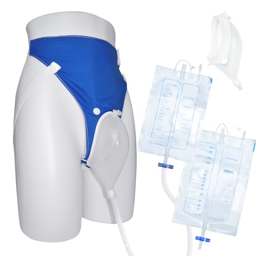 Wearable Urine Collector for Elderly Men with Silicone Pouch, Adjustable Fixing Pants, Urinary Bag Set and 1.2m Drain Tube, Elderly Men Blue