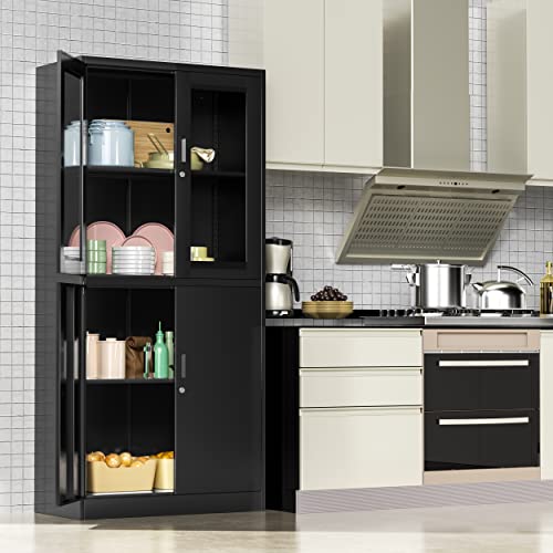 Lissimo Metal Storage Cabinet With Glass Doors, Lockable Office Cabinet, 71" Tall Steel Cabinet With Adjustable Shelves For Home Office,School And Hospital (Black) #TOP4