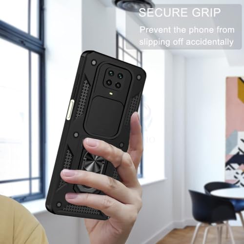 Image of AESTMO Tough Armor Compatible with Redmi Note 10 Lite /Note 9 Pro /Pro Max /Poco M2 Pro Bumper Back Case Cover | Ring Holder & Sliding Camera Shield Cover | 360 Degree Protection Back Case Cover (Black)