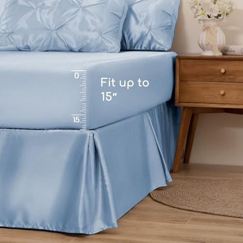 MR&HM Satin Comforter King 7 Pieces - Luxurious Pinch Pleat Bedding Set with Comforter, Flat Sheet, Fitted Sheet, Pillowcases & Shams, Super Silky Soft Bed Set for All Season (King, Blue Haze)