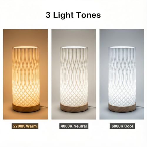 Image of Small Bedside Lamp for Nightstand, 3D Printed Mini Table Lamp, 3 Color Temperatures Warm to Cool White, Cozy Small Lamp for Bedroom Dorm Tight Spaces, Ash Wood Base, 8.8 Inch Tall - Helix