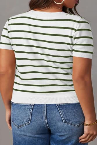 Image of Eytino Women Plus Size Sweater Tops Short Sleeve Crewneck Striped Tshirts Casual Summer Blouses Shirts(1X-5X)