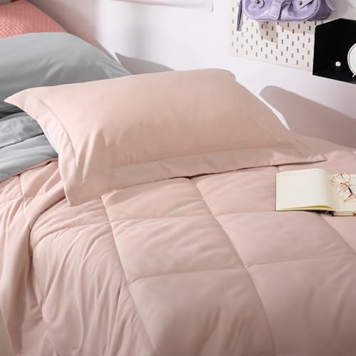 Image of Bedsure Twin XL Comforter - 5 Pieces Reversible Blush Pink Bed in a Bag, Twin XL Bedding Comforter Set College Dorm Essentials with 1 Flat Sheet, 1 Fitted Sheet, 1 Pillowcase and 1 Pillow Sham
