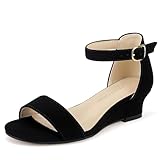 PANDANINJIA Girls Sandals Low Heels Round Open Toe Flower Girls Shoes Ankle Strap Wedding Party Little Big Kids Dress Shoes(Black Nubuck,4 M US Big Kid)