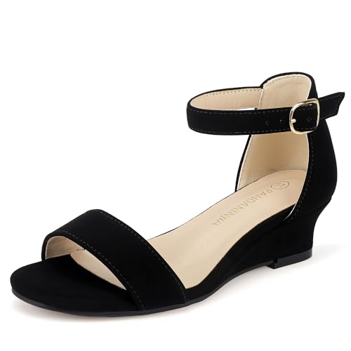 PANDANINJIA Girls Sandals Low Heels Round Open Toe Flower Girls Shoes Ankle Strap Wedding Party Little Big Kids Dress Shoes(Black Nubuck,4 M US Big Kid)
