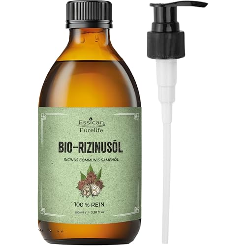 Essican Purelife Bio-Rizinusöl Hexanfrei in Glasflasche 250ml - Reines kaltgepresstes Bio-Rizinusöl für Haut, Wimpern, Augenbrauen, Haarwachstum und mit Vitamin E für natürliche Pflege
