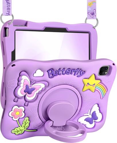 Kidcube for iPad Air 11 Inch Case M3 2025/M2 2024 Pro 11 4th/3rd/2nd/1st Air 5th/4th Generation Case - Girls Cute Kawaii Girly 3D Purple Butterfly Design with Rotating Stand & Strap Silicone Cover
