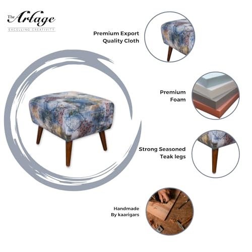 Image of The Artage Puffy Stool for Living Room Vanity Dressing Table Sitting Blue Printed Premium Foam Cushioned Pouffe Ottoman for Foot Rest Stool for Home Decor Furniture Wooden (Floral) (Soft Blue)