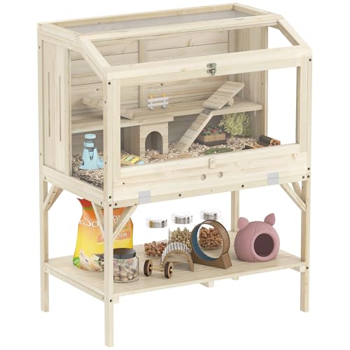 PawHut Cage Hamster en Bois, Cage Rongeur à 2 Niveaux, avec étagère de Rangement, Couvercle ouvrant, Plateau Amovible, Bascule, Rampe, pour Hamsters...