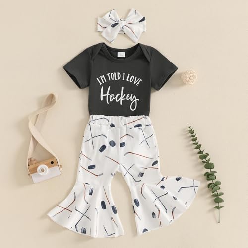 3pcs Baby Girl Fall Outfit Short Sleeve I'm Told I Love Hockey Romper Flare Pants Headband Infant Hockey Clothes2