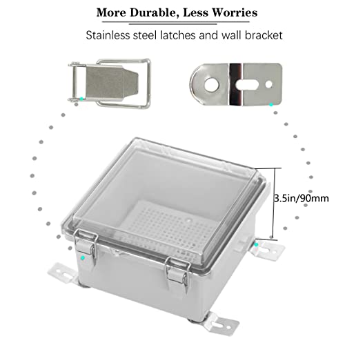 Image of Zulkit Junction Box IP67 Waterproof Electrical Box Hinged Clear Cover Stainless Steel Latch Plastic Enclosure for Project w Mounting Plate Wall Bracket and 2 Cable Gland 5.9 inchx5.9 inchx3.5 inch /150x150x90mm