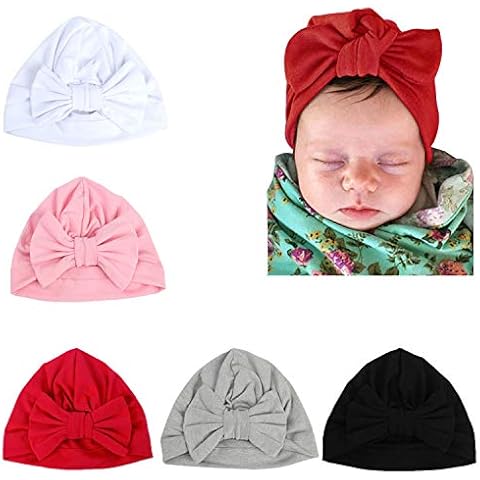 LERTREE 5PCS Newborn Baby Solid Knot Hats Baby Girls Toddler Turban Bow Cap Infant Head Cap Cover