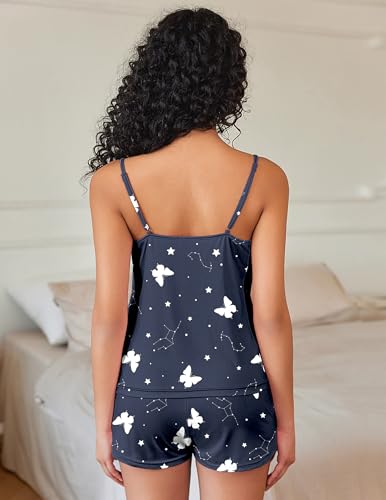 Image of Ekouaer Pajama Sets for Women Cute Printed Lace Cami Pj Shorts Set | Summer 2 Piece Sleepwear, Lightweight Lingerie Nightwear, Soft Loungewear, Adjustable Straps, V-neck