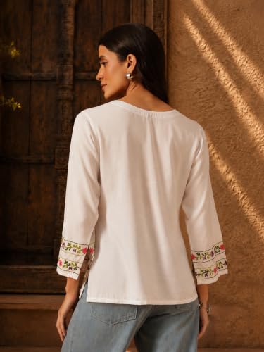 Image of QAZMI Women's Amina Kashmiri Embroidered V-Neck Short Kurti