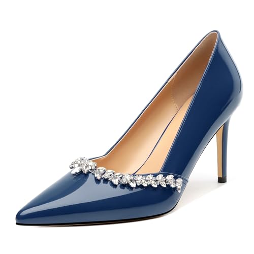 Womens Stiletto High Heels Closed Pointed Toe Slip-on Pumps Glitter Rhinestone Crystal Wedding Prom Dress Shoes 3.35 Inches