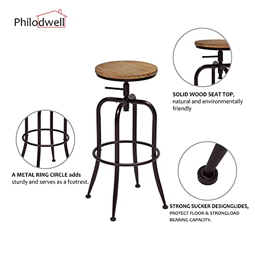 Philodwell Set of 2 Barstools for Kitchen Counter,Round Wood Industrial Metal Stool,Kitchen Stools with Footrest,Swivel Pub Height Chairs with Metal Frame,Brown - Image 5