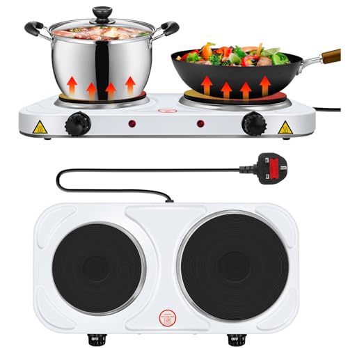 2500W Electric Cooker Hobs Hot Plate Stove Kitchen Double Ring Table Top Powerful Portable Cooker 5-Temperature Settings Burner for Warming, Cooking, Boiling, Frying, Simmering