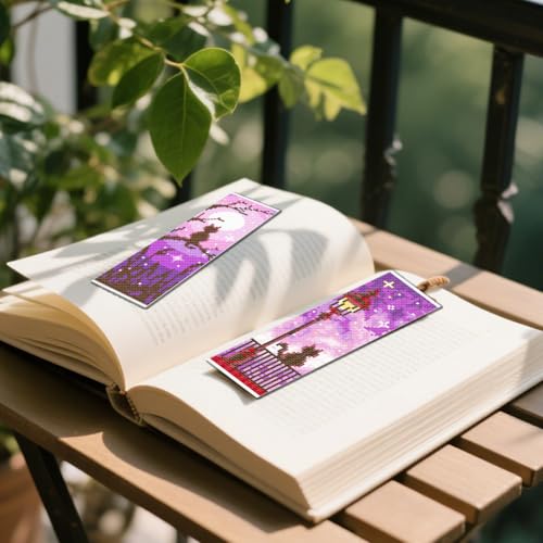 Image of FREEBLOSS 6 Set Cross Stitch Bookmarks Kit Cat in Night Stamped Cross Stitch Kit DIY Embroidery Bookmark Set with Instruction for Adults Beginners Gift for Reading Enthusiasts 8 * 2.4inch 11CT