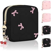 Quilted Period Bag with Cherry Keychain, Small Period Pouches for Teen Girls, Cute Sanitary Napkin Storage Bag, Bow Compact Discreet Pad and Tampon Holder for Purse Hearts-Black