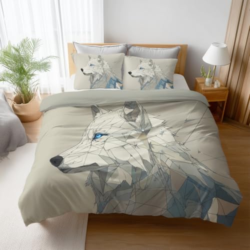 Housse de couette 240x260 beige loup blanc avec 2 taies d'oreiller