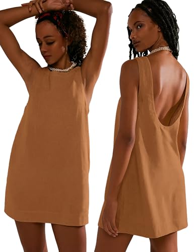 Image of VIUTIL Womens Summer Linen Mini Dress Boat Neck Low Back Sleeveless Tank Dresses with Pockets 2026 Vacation Outfits