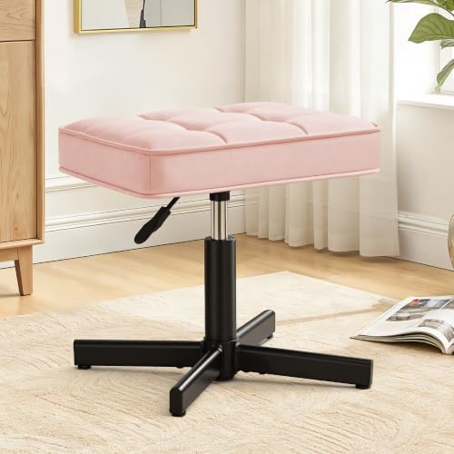 Image of LUE BONA Adjustable Vanity Stool, 15''-19.5'' Foot Rest Under Desk, 360 Swivel Vanity Chair for Makeup Room, Pink Upholstered Faux Leather Ottoman for Bathroom & Living Room, 300lbs