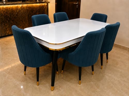 Image of WOODEN SPACE 6-Seater Wooden Dining Table Set | Nano Composite Marble Top | Solid Wood Base | Modern Dining Room Furniture with 6 Chairs (Sea Blue Infinity Backline)