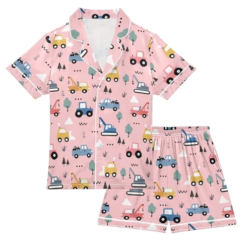Cute Cartoon Colorful Cars Pink Summer Satin Pajama Set, Cute Button-Down Sleepwear Pj Set for Sleep Wears