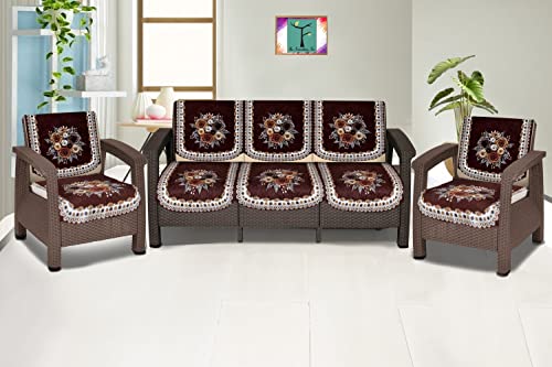 Image of The Furnishing Tree Velvet Floral Pattern 10 Pieces 5 Seater Sofa Cover Set Coffee