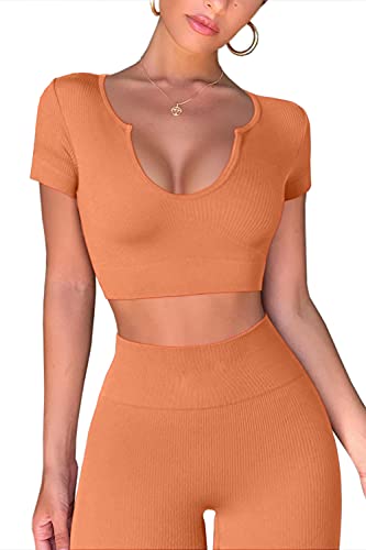 Mulisky Women's 2 Piece Tracksuit Workout Outfits High Waist Pants And Stretch Sports Crop Top Yoga Activewear Set Orange M #TOP2