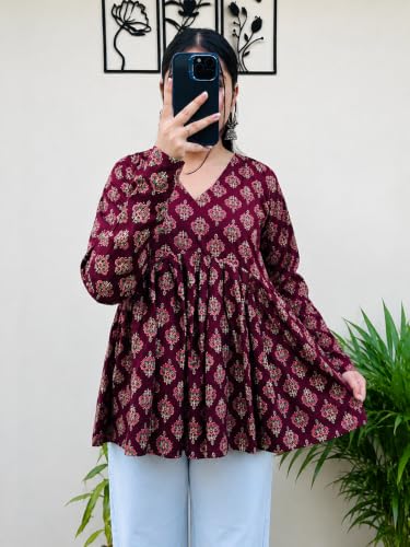 Image of Women's V Neck Anarkali Short Kurti for Women Full Sleeve Floral Print |Stylish Kurtis & Short Kurtis for Woman | Casual Kurti with Jeans | Kurtas for Woman