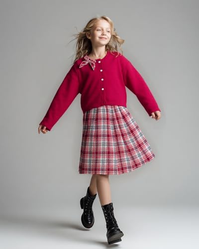 Image of PureChapter Girls' Preppy Clothes Plaid Vest Dress Cardigan Jacket Belt Cute Kids Clothes 7-14Y Green
