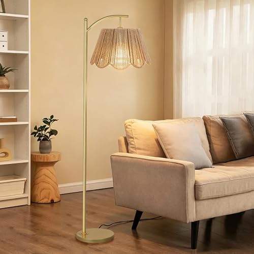 Image of Arc Floor Lamp for Living Room with Remote Control，Rattan Boho Floor Lamp with Hand-Woven Wicker Shade, Foot Switch, Gold /Silvery Metal Base & Pole,Standing Lamp for Bedroom (Gold&Paper Rope)