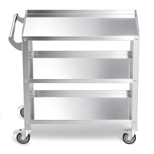 Hupsjer Stainless Steel Utility Cart 3 Tier - Heavy Duty Rolling Cart with Silent Wheels & Handle, Commercial Food Storage Trolley for Kitchen Restaurant Hospital Lab and Home, 19″L x 31″W x 34″H